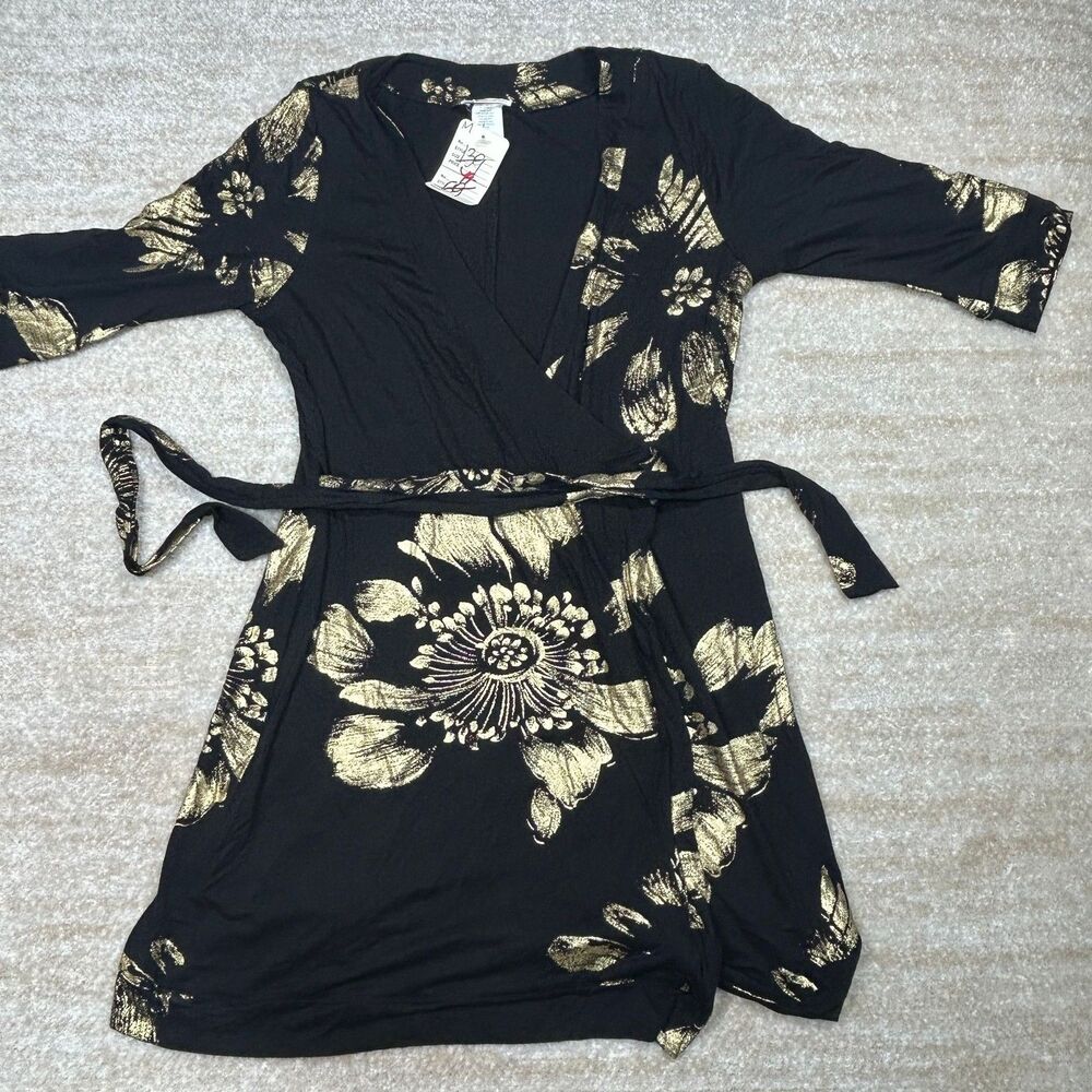 Rubber Ducky Dress Womens M Black Gold Floral Metallic Wrap Tie 3/4Slv VNeck